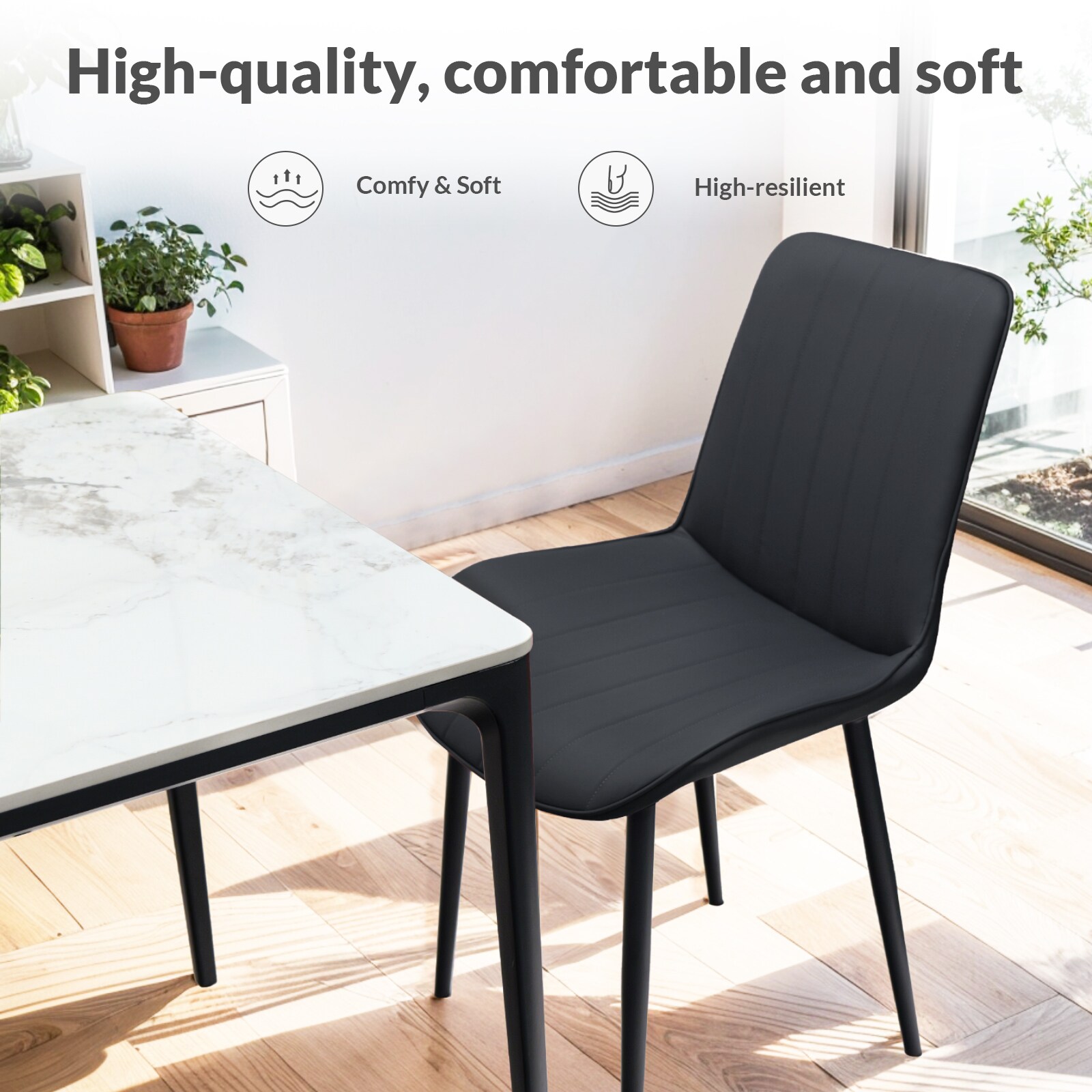 Black PU Leather Dining Chair with Metal Legs, Wave Pattern Upholstered Armless Chair Set of 4 for Kitchen, Restaurant, Living, Meeting Room